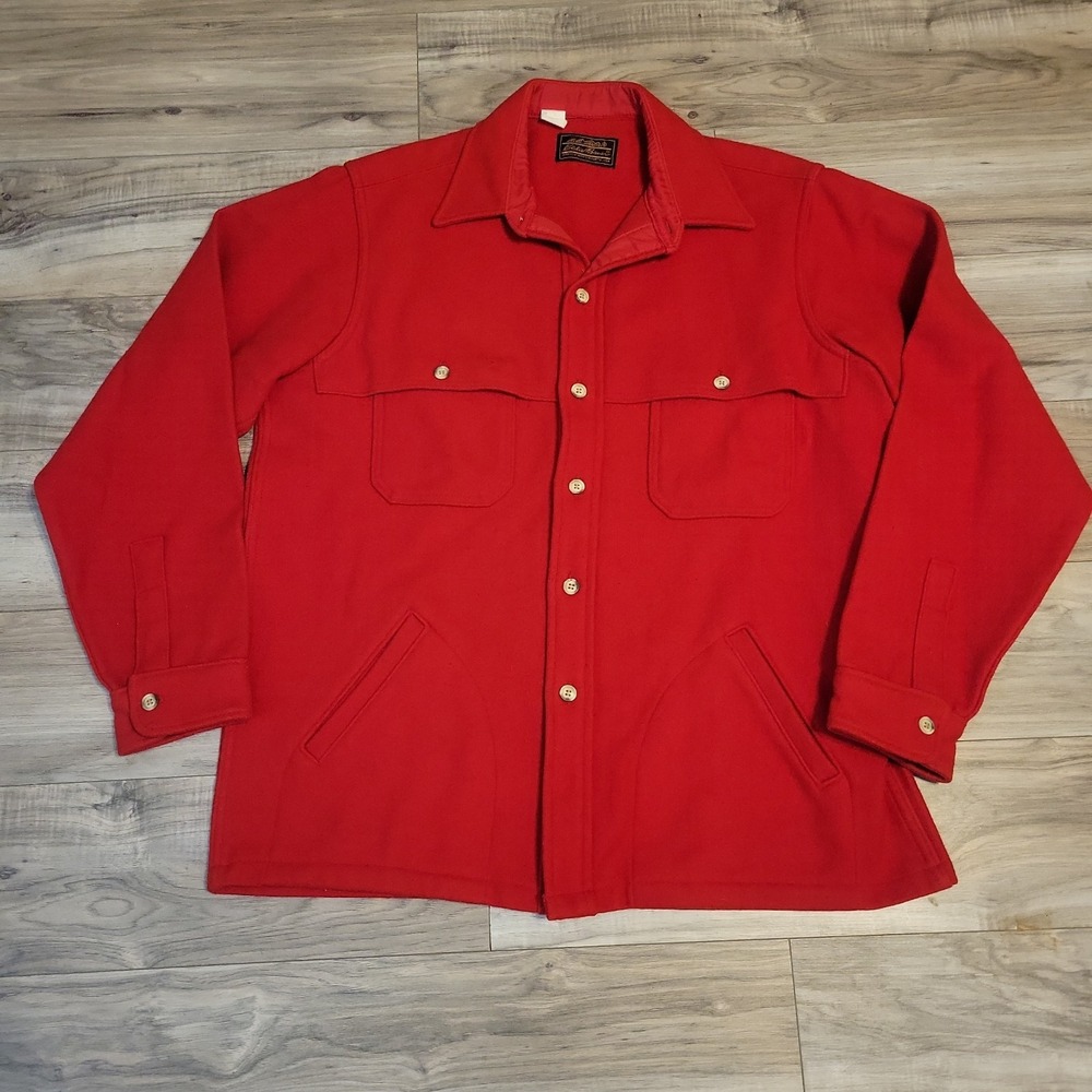 Vtg 80s Eddie Bauer Wool Flannel Shirt Jacket Sz M Red Button Up Outdoor Shacket